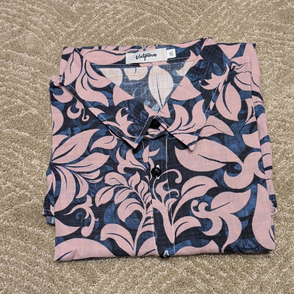 Vatpave Men's Casual Pink and Blue Leaf Shirt